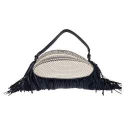 مملوكة مسبقًا Tory Burch Blue/White Woven Leather and Fabric Fringe Hobo