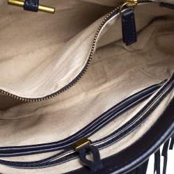 مملوكة مسبقًا Tory Burch Blue/White Woven Leather and Fabric Fringe Hobo