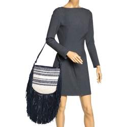 مملوكة مسبقًا Tory Burch Blue/White Woven Leather and Fabric Fringe Hobo