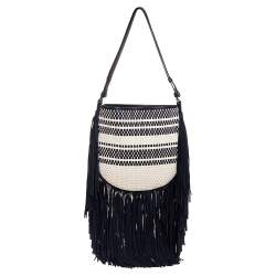 مملوكة مسبقًا Tory Burch Blue/White Woven Leather and Fabric Fringe Hobo