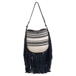 مملوكة مسبقًا Tory Burch Blue/White Woven Leather and Fabric Fringe Hobo