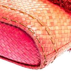 Pre Owned Tory Burch Pink Woven Raffia Beachy Norah Bucket Bag