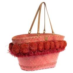 Pre Owned Tory Burch Pink Woven Raffia Beachy Norah Bucket Bag