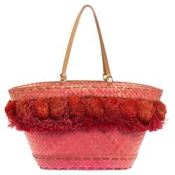 Pre Owned Tory Burch Pink Woven Raffia Beachy Norah Bucket Bag