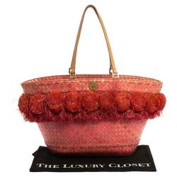 Pre Owned Tory Burch Pink Woven Raffia Beachy Norah Bucket Bag