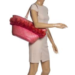Pre Owned Tory Burch Pink Woven Raffia Beachy Norah Bucket Bag