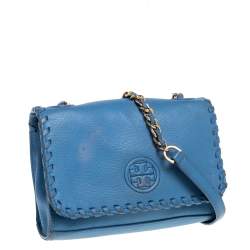 Tory Burch Blue Leather Mini Marion Shrunken Shoulder Bag