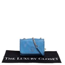Tory Burch Blue Leather Mini Marion Shrunken Shoulder Bag