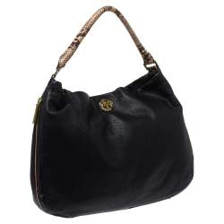 Pre Owned Tory Burch Black/Beige Leather and Snakeskin Effect Hobo