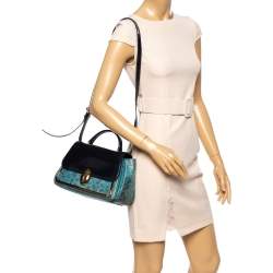 Pre Owned Tory Burch Navy Blue/Turquoise Leather Top Handle Bag