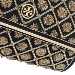 Pre Owned Tory Burch Black Quilted Suede Bria Embellished Flap Clutch
