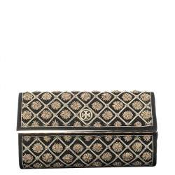 Pre Owned Tory Burch Black Quilted Suede Bria Embellished Flap Clutch