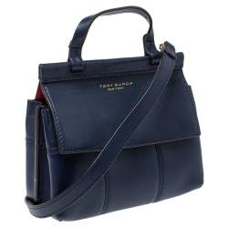 Pre Owned Tory Burch Navy Blue Leather Mini Block T Top Handle Bag