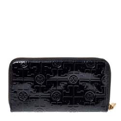 Pre Owned Tory Burch Black Patent Leather Embossed Logo Zip Around Wallet 