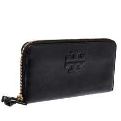 Pre Owned Tory Burch Black Leather Zip Around Wallet  