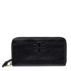 Pre Owned Tory Burch Black Leather Zip Around Wallet  