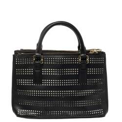 Pre Owned Tory Burch Black Perforated Leather Small Robinson Double Zip Tote
