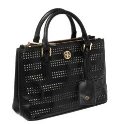 Pre Owned Tory Burch Black Perforated Leather Small Robinson Double Zip Tote