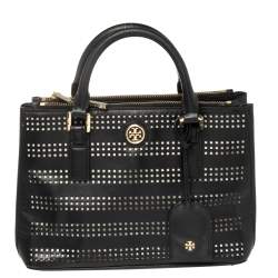 Pre Owned Tory Burch Black Perforated Leather Small Robinson Double Zip Tote