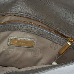 Pre Owned Tory Burch Metallic Silver Leather Slim Diana Flap Clutch