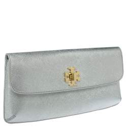 Pre Owned Tory Burch Metallic Silver Leather Slim Diana Flap Clutch