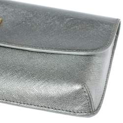 Pre Owned Tory Burch Metallic Silver Leather Slim Diana Flap Clutch