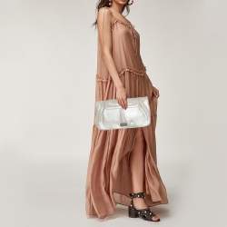 Pre Owned Tory Burch Metallic Silver Leather Slim Diana Flap Clutch