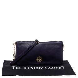 Pre Owned Tory Burch Purple Leather Logo Flap Clutch Bag