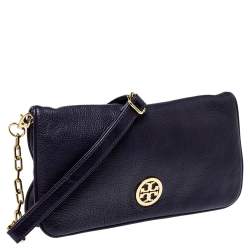Pre Owned Tory Burch Purple Leather Logo Flap Clutch Bag