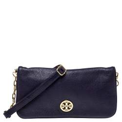 Pre Owned Tory Burch Purple Leather Logo Flap Clutch Bag