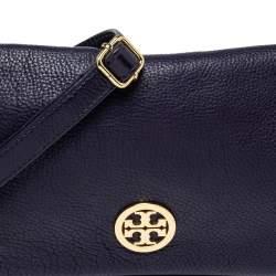 Pre Owned Tory Burch Purple Leather Logo Flap Clutch Bag