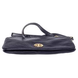 Pre Owned Tory Burch Purple Leather Logo Flap Clutch Bag