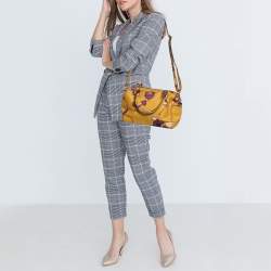 Pre Owned Tory Burch Yellow Floral Print Leather Robinson Middy Satchel