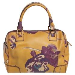 Pre Owned Tory Burch Yellow Floral Print Leather Robinson Middy Satchel