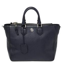 Pre Owned Tory Burch Navy Blue Leather Robinson Double Zip Tote 