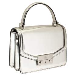 Pre Owned Tory Burch Metallic Silver Leather Mini Juliette Top Handle Bag