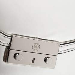 Pre Owned Tory Burch Metallic Silver Leather Mini Juliette Top Handle Bag