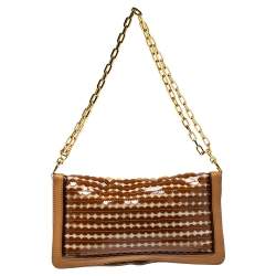 مملوكة مسبقًا حقيبة كلتش توري برش ريفا قلاب سلسلة جلد و قماش و بلاستيك مشمع تفريغات ذهبي و بني 