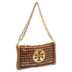 مملوكة مسبقًا حقيبة كلتش توري برش ريفا قلاب سلسلة جلد و قماش و بلاستيك مشمع تفريغات ذهبي و بني 