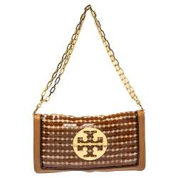 مملوكة مسبقًا حقيبة كلتش توري برش ريفا قلاب سلسلة جلد و قماش و بلاستيك مشمع تفريغات ذهبي و بني 