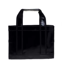 Pre Owned Tory Burch Black Patent Leather and Canvas Mini Tory Tote