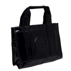 Pre Owned Tory Burch Black Patent Leather and Canvas Mini Tory Tote