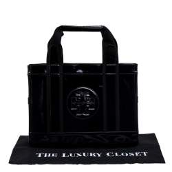 Pre Owned Tory Burch Black Patent Leather and Canvas Mini Tory Tote