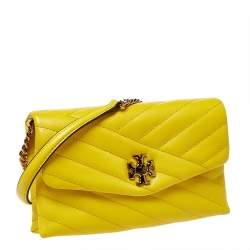 Pre Owned Tory Burch Yellow Leather Kira Chain Clutch