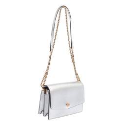 Pre Owned Tory Burch Metallic Silver Leather Mini Robinson Shoulder Bag