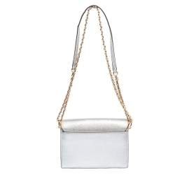 Pre Owned Tory Burch Metallic Silver Leather Mini Robinson Shoulder Bag