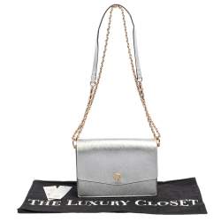 Pre Owned Tory Burch Metallic Silver Leather Mini Robinson Shoulder Bag