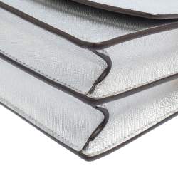 Pre Owned Tory Burch Metallic Silver Leather Mini Robinson Shoulder Bag