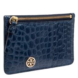 Pre Owned محفظة بطاقات توري برش ووكر جلد نقشة التمساح أزرق بسحاب علوي