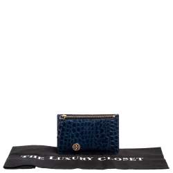 Pre Owned محفظة بطاقات توري برش ووكر جلد نقشة التمساح أزرق بسحاب علوي